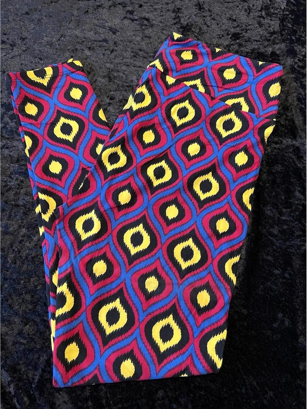 LuLaRoe Leggings Tall & Curvy TC Blue Cranberry Yellow Ogee Ikat High Rise NWOT